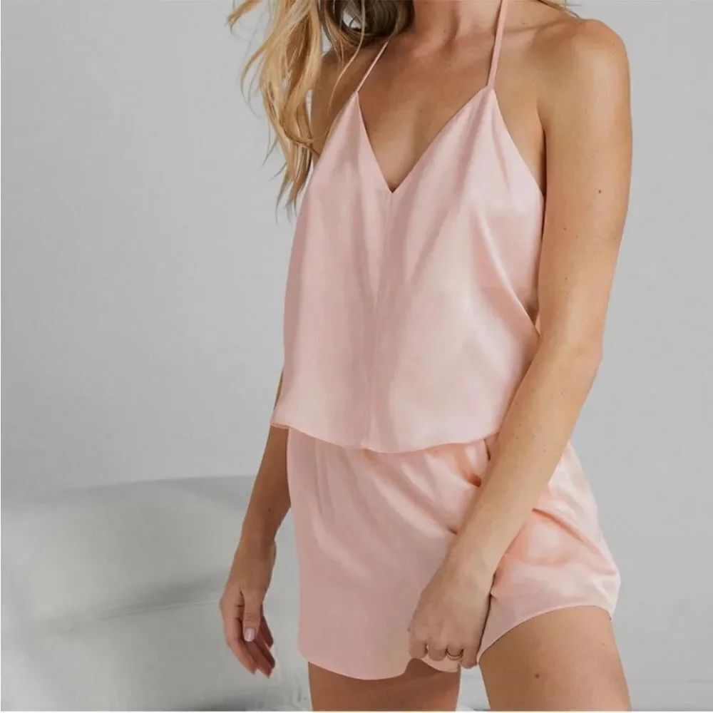 Lunya Washable Silk Halter Tank Short Set in Frosted Rose NWT